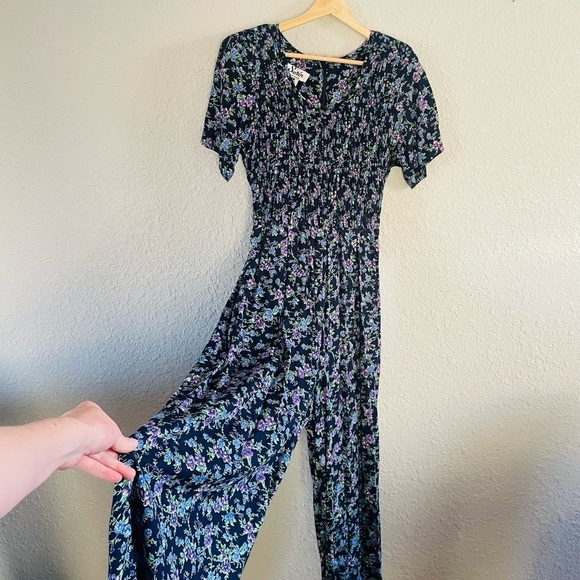 Vintage Floral Smocked Wide Leg Jumpsuit - Picture 1 of 16